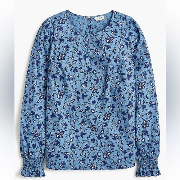 J. CREW Long-sleeve printed poplin blouse blue block print pattern modern size M - Picture 1 of 9